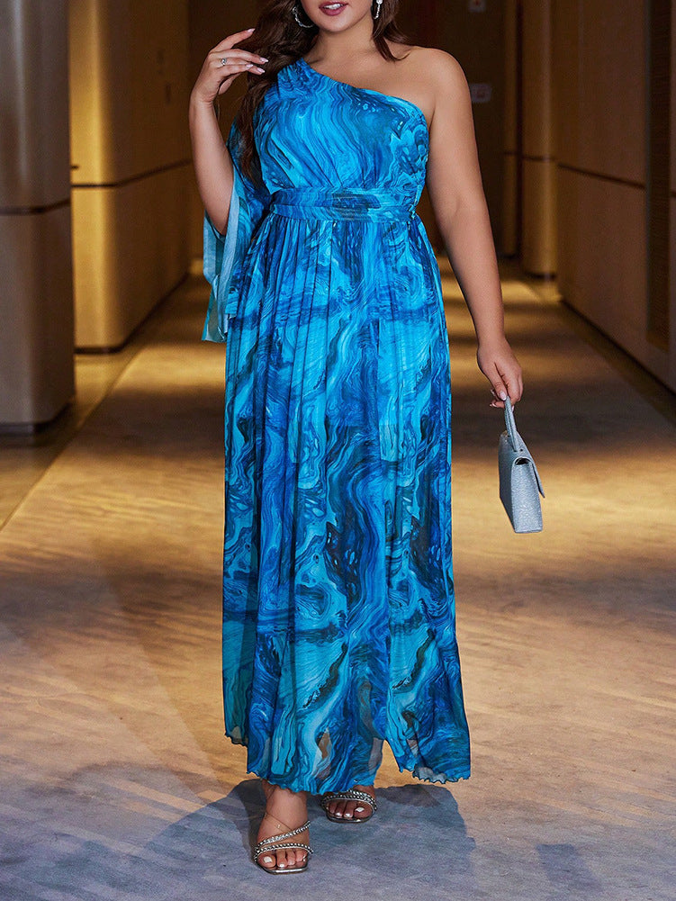 Plus Size Casual Floral One-Shoulder Maxi Dress