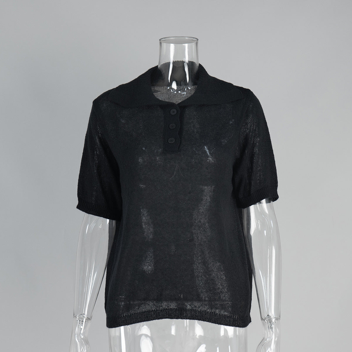 Knitted Polo Short Sleeve Sweater With Puff Sleeves