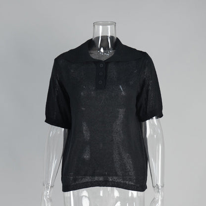 Knitted Polo Short Sleeve Sweater With Puff Sleeves