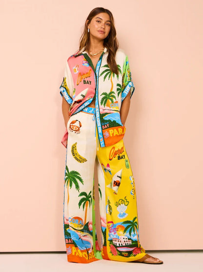 Stylish Floral Print Color Block Short Sleeve Set