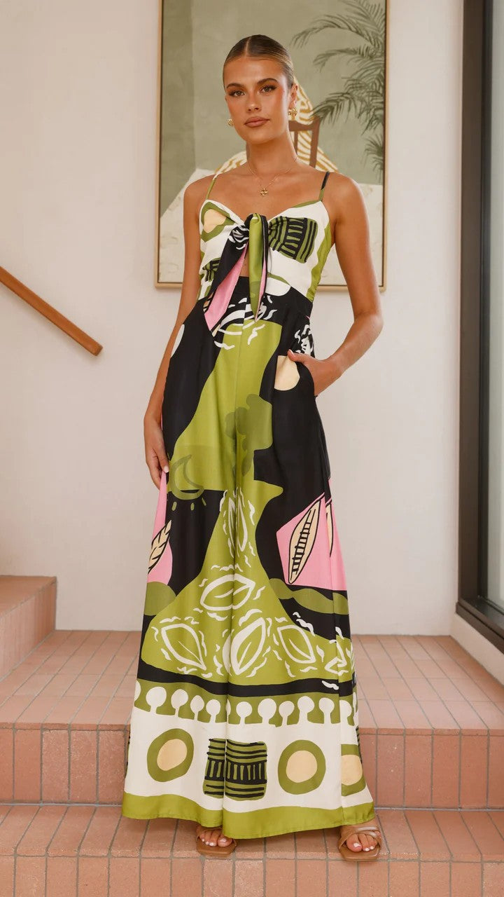 New Waist-Tie Wide Leg Jumpsuit in Blue Green Yellow