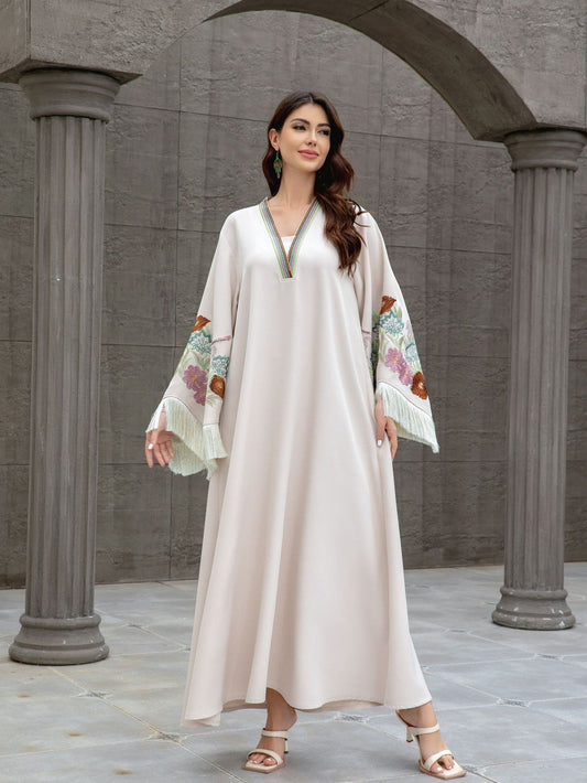 Embroidered Tassel V-Neck Abaya Dress for Women