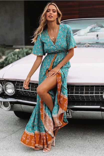 Bohemian Summer High Waist Lace Up V-Neck Loose Large Hem Dress Seaside Long Dress