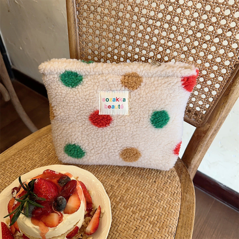 Polka Dot Plushed Large Capacity Make Up Bag