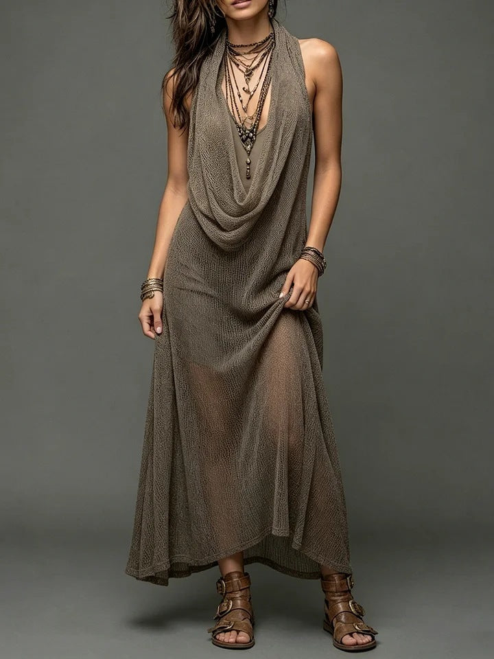 Sheer Mesh Cowl Halter Sleeveless Boho Maxi Dress