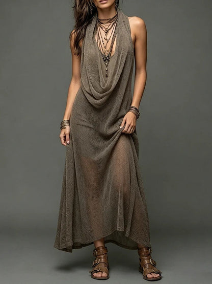 Sheer Mesh Cowl Halter Sleeveless Boho Maxi Dress