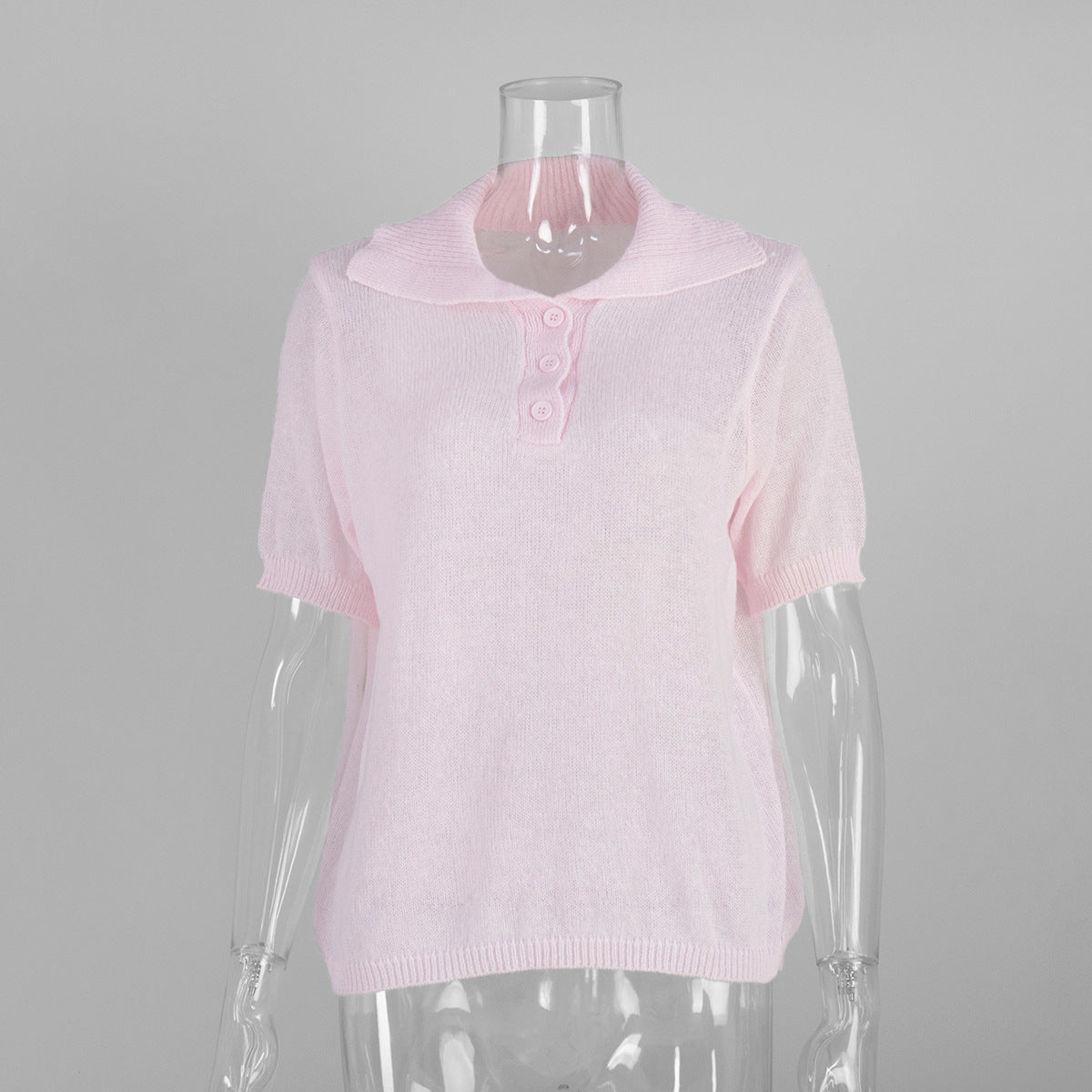 Casual Polo Knitted Short Sleeve Sweater With Puff Sleeves