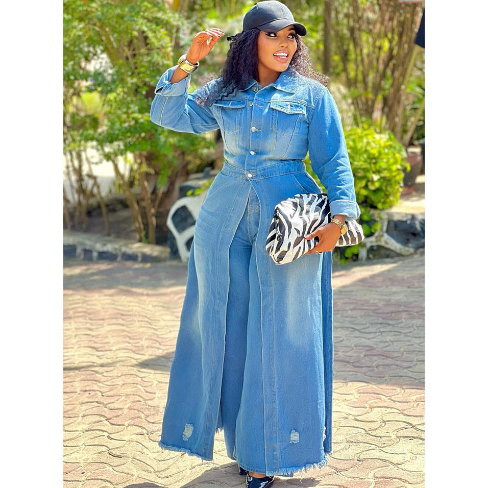 Casual Oversized Denim Long Coat With Button Closure