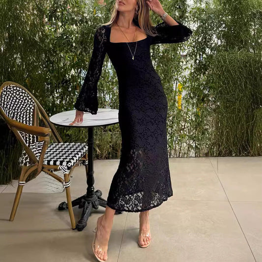 Elegant Lace Split Maxi Dress with Flared Sleeves