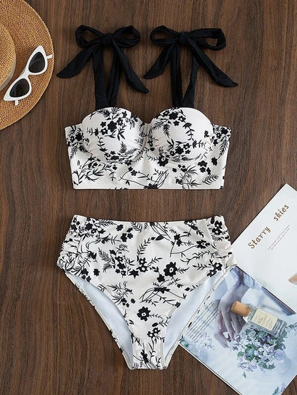 Lace Up Printing Split Bikini Swimwear Hard Cup With Steel Support High Waist Sexy Bikini Split Swimwear