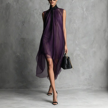 Sheer Mesh Sleeveless Tie Neck Asymmetrical Midi Dress