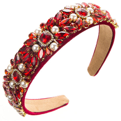Baroque Velvet Wide Headband With Pearls and Rhinestones