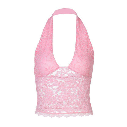 Sleeveless Lace Crop Top with Geometric Pattern - Casual Street Style