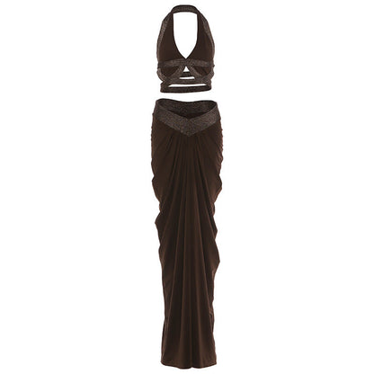 Trendy Sexy Cropped Halter Neck Top & Ruched Long Skirt Set