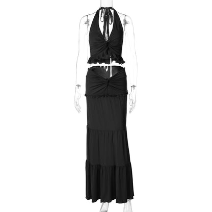 Sexy V-Neck Ruffle Hem Halter Maxi Dress Set