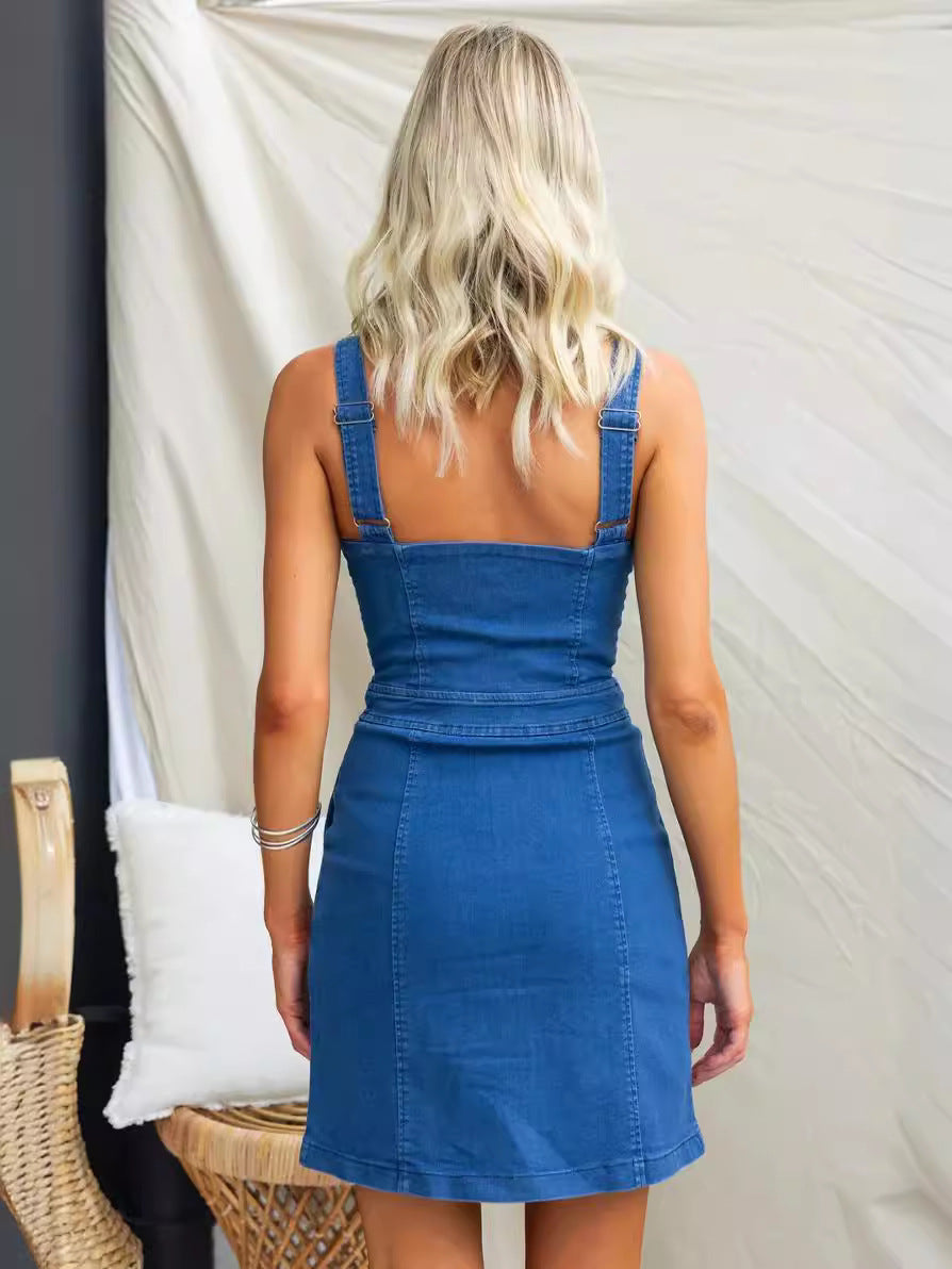 Trendy Sleeveless Denim Dress with U-Neck