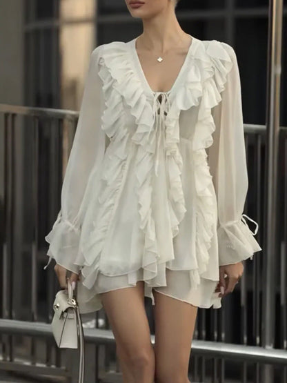 Chiffon Long Sleeve Dress With Ruffle Hem