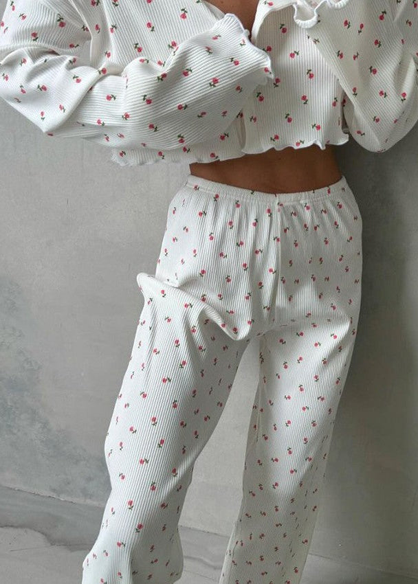 Lounge Set Soft Ribbed Fabric Floral Print