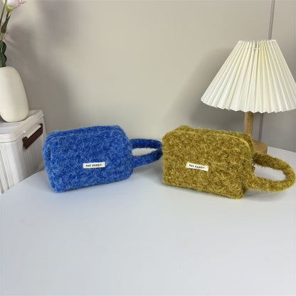 Simple Plush Solid Color Cosmetic Bag With Handle