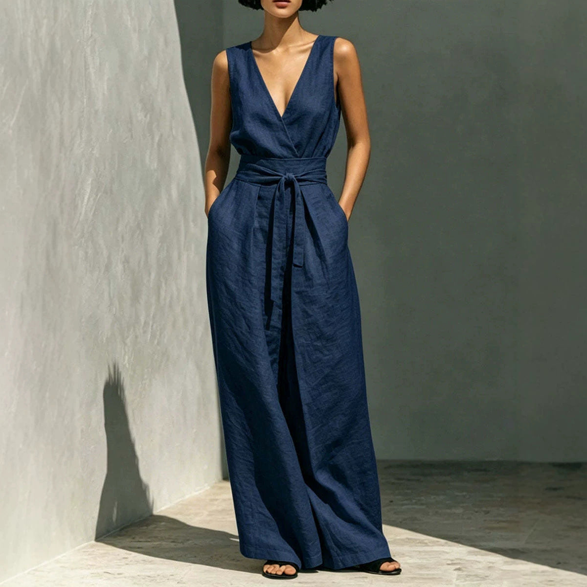 Linen Sleeveless Wrap V Neck Self Tie Belt Wide Leg Jumpsuit