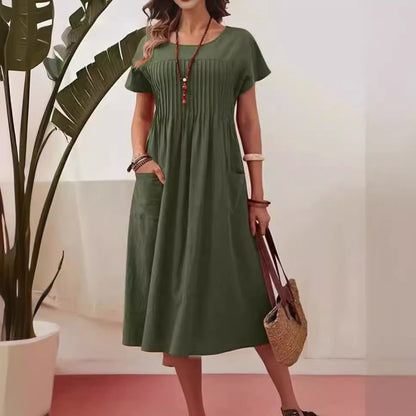 Women'S Clothing Long Dress New Solid Color Round Neck Pocket Pleated Short Sleeve Cotton And Linen Dress