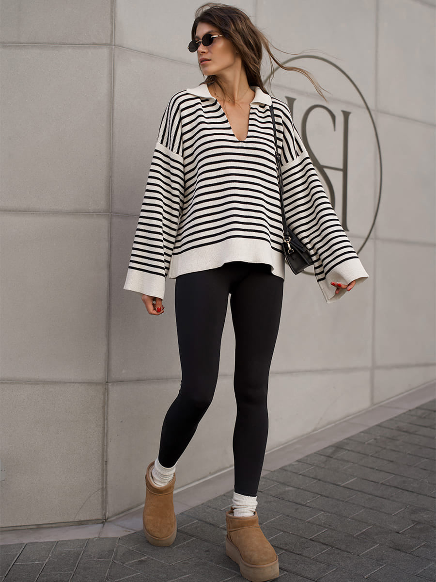 Black Striped Polo Sweater Casual Loose Knit Top