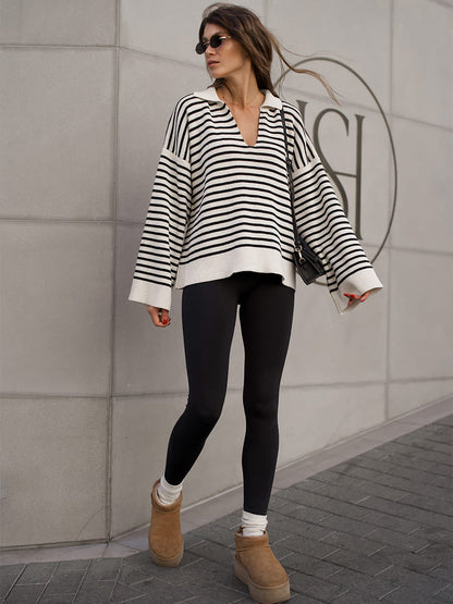 Black Striped Polo Sweater Casual Loose Knit Top