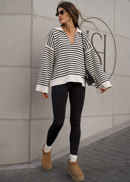 Striped V Neck Knit Sweater With Wide Sleeves