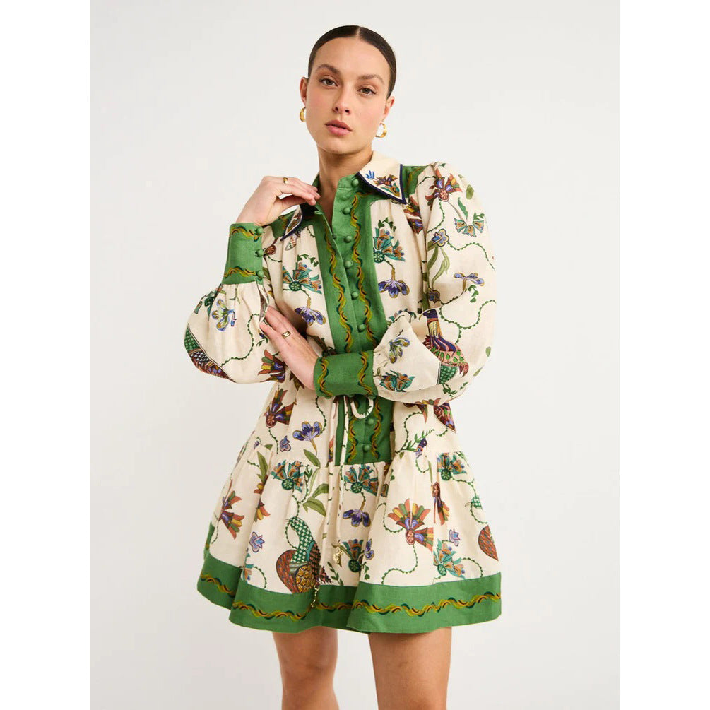 Fall/Winter New Long Sleeve Printed Lapel Dress Loose Lace-Up Casual Dress