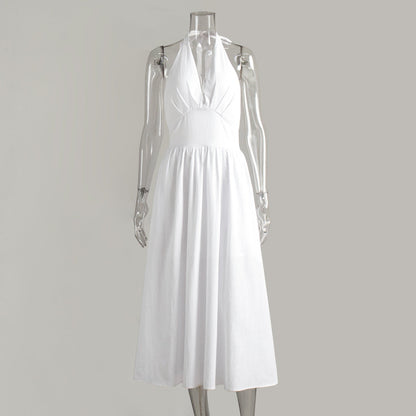 Cotton Long Maxi Dress With V-Neck Tie Waist
