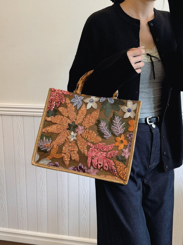 Chic Sequined Embroidered Floral Tote Bag for Women
