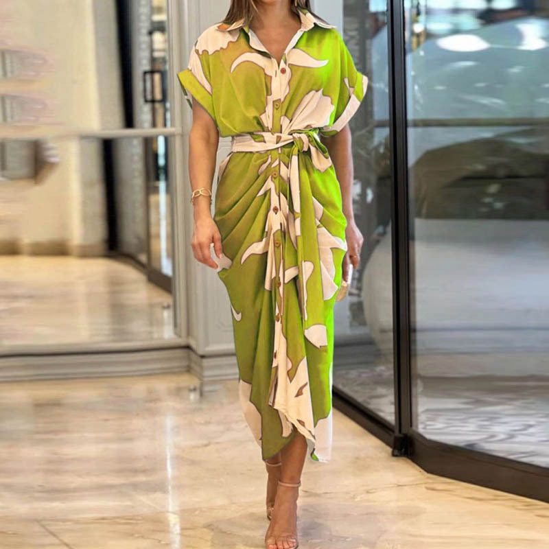 Women'S Printed Polo Collar Short Sleeve High Waist Long Shirt Dress