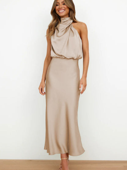 Elegant Sleeveless Satin Dress Casual Chic Evening Gown