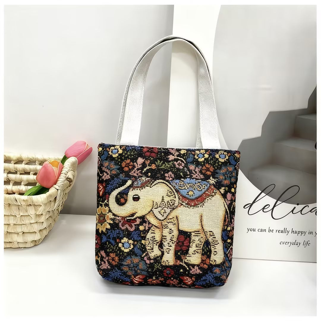 Ethnic Style Elephant Embroidered Canvas Tote Bag for Everyday Use