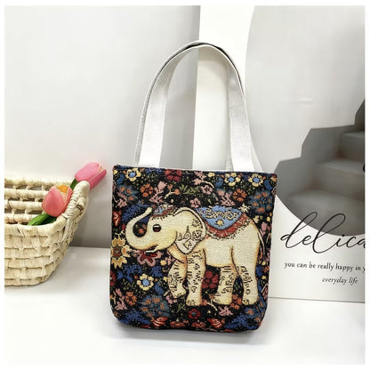 Ethnic Style Elephant Embroidered Canvas Tote Bag for Everyday Use