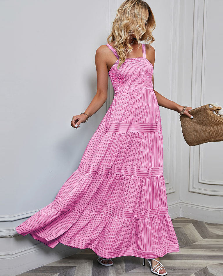 Solid Color Striped Spaghetti Long Dress