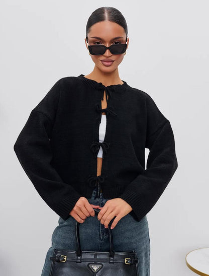 Autumn And Winter Casual Loose Cardigan Lace-Up Solid Color Knitted Sweater Women