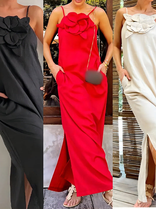 3D Floral Strapless Linen Maxi Dress for Trendy Street Style