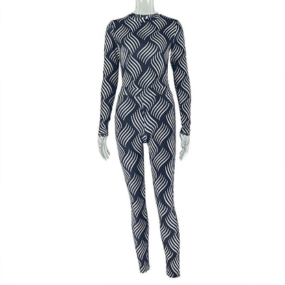Trendy Striped Two-Piece Activewear Set With Long-Sleeve Turtleneck