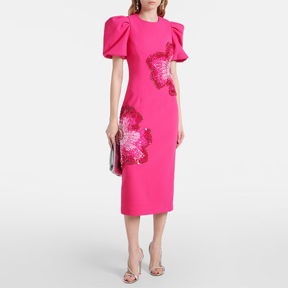 Trendy Beaded Flower Short Sleeve Dress
