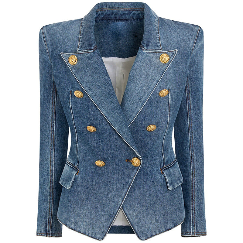 Trendy Tailored Double-Breasted Denim Blazer