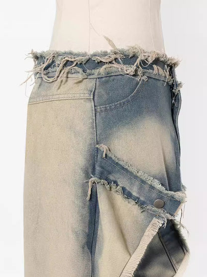 Distressed Wash Denim Split Midi Skirt Trendy Street Style