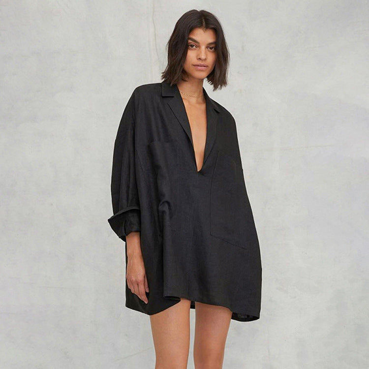 Sexy Long Sleeve Pocket Shirt Dress Trendy Casual A-Line Dress