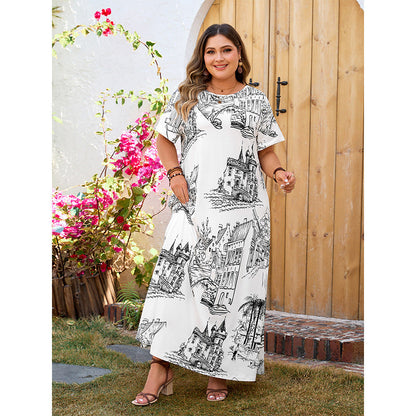 Chic Floral Maxi Dress Plus Size Short Sleeve Dress