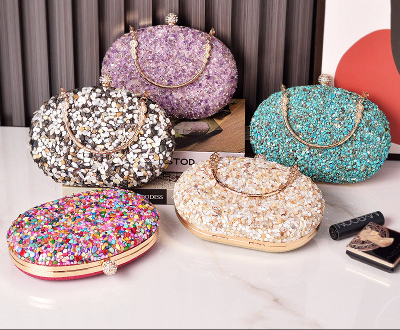 Elegant Round Crystal Evening Bag Vintage PU Clutch