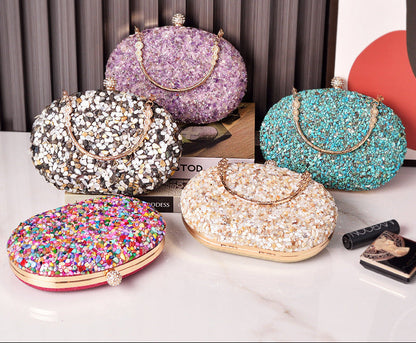 Elegant Round Crystal Evening Bag Vintage PU Clutch