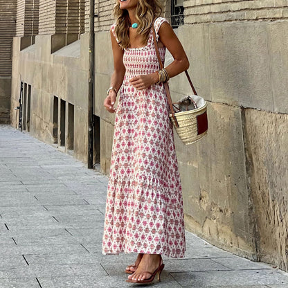 Summer Women'S Elegant Print Elastic Strap Skirt Holiday Style French Fragmented Flower Hanging Strap Long Dress