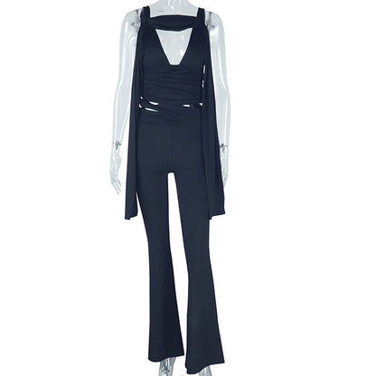 Cropped Solid Color Sleeveless V-Neck Top & Pants Set