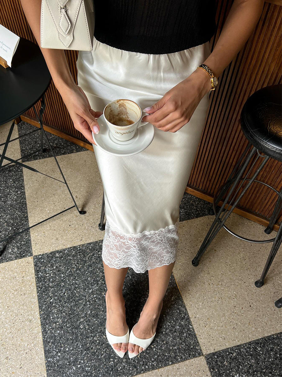 Lace Trim A-Line Skirt Elegant Casual Midi Skirt