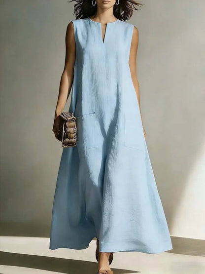Linen Sleeveless Split Neck Pocket Tent Maxi Dress